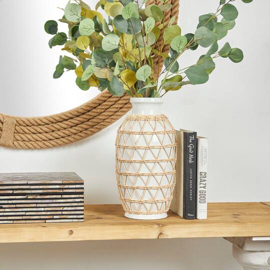 14" White Ceramic Vase with Woven Rattan Exterior